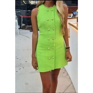 Zara Textured Weave Dress With Buttons Neon Green Size XS